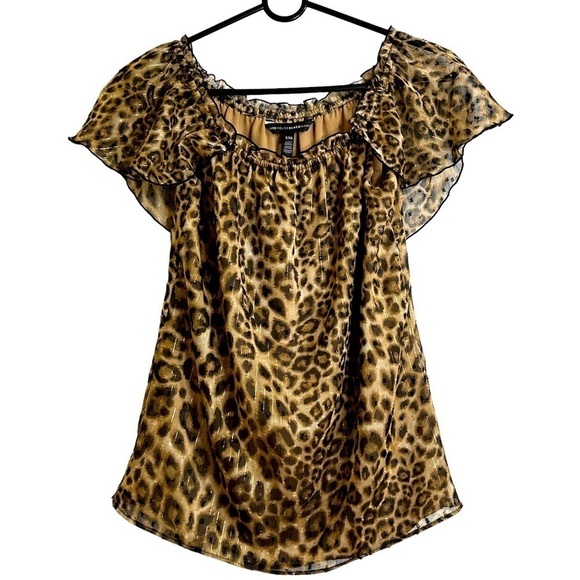 White House Black Market Leopard Cheetah Animal Print Ruffle Blouse, Brown, XXS - Picture 2 of 7